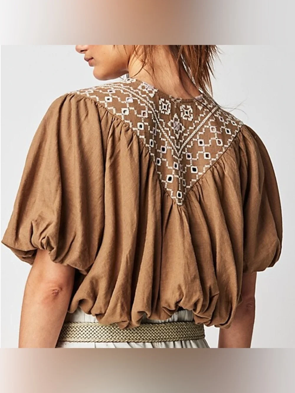 Free People Joni Embroidered Puff Sleeve Top Size XL